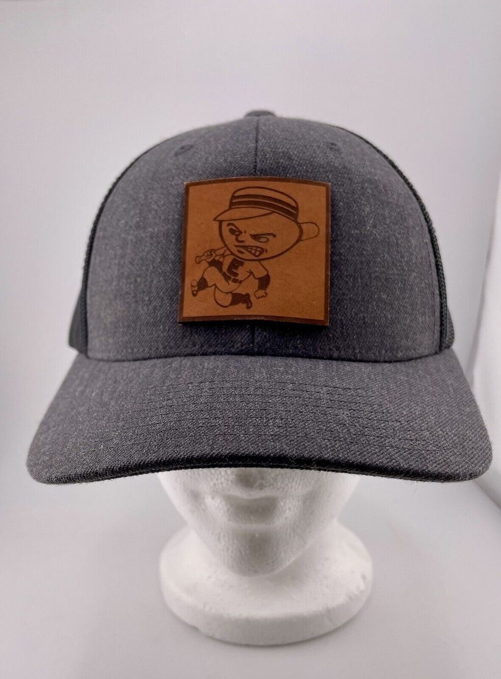 Brandon Bills Hat Gray And Black Leather Patch Ball Head Man Snap Closure